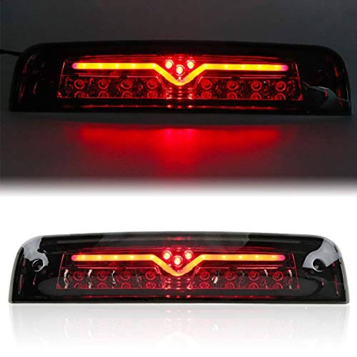 LED third brake light with smoked lens and chrome housing; red brake light illumination