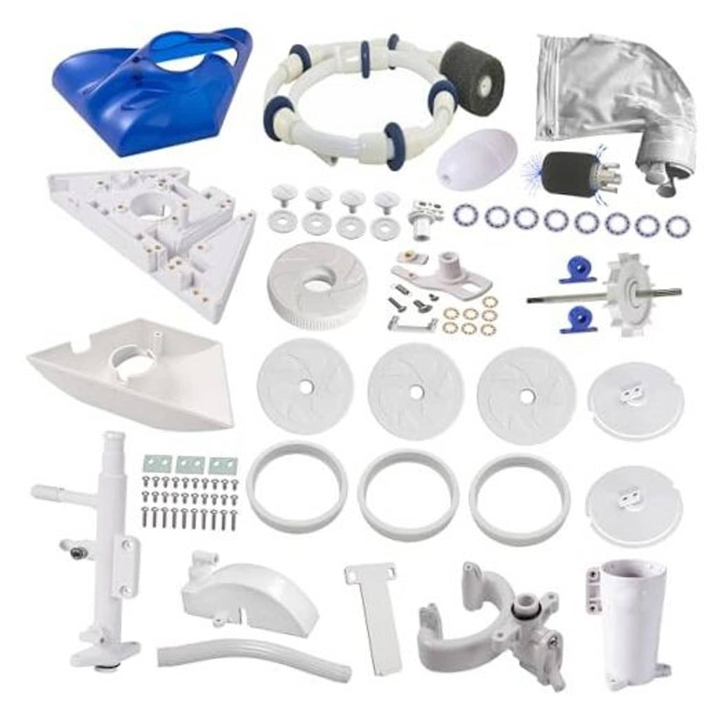 Pool vacuum head tune-up rebuild kit with blue housing, filters, tubing, and hardware