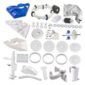 Pool vacuum head tune-up rebuild kit with blue housing, filters, tubing, and hardware