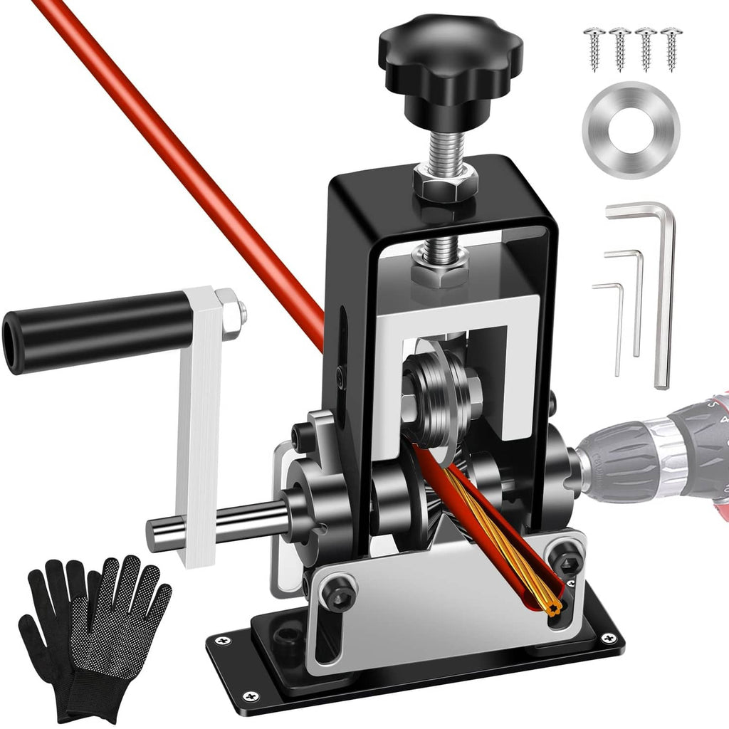 Black manual wire stripping machine with crank, blade slot, and red wire tool