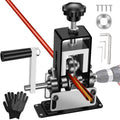 Black manual wire stripping machine with crank, blade slot, and red wire tool