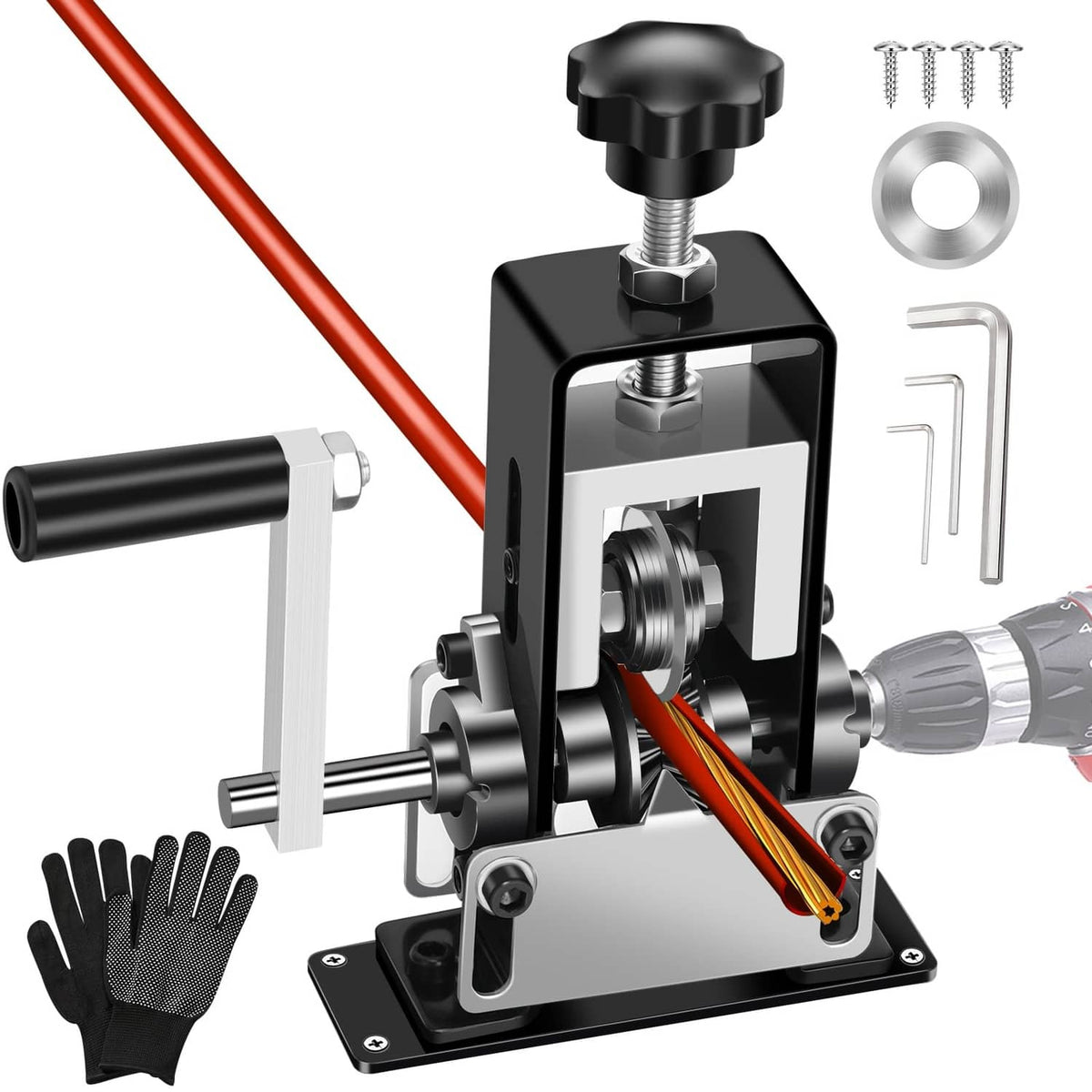 Black manual wire stripping machine with crank, blade slot, and red wire tool
