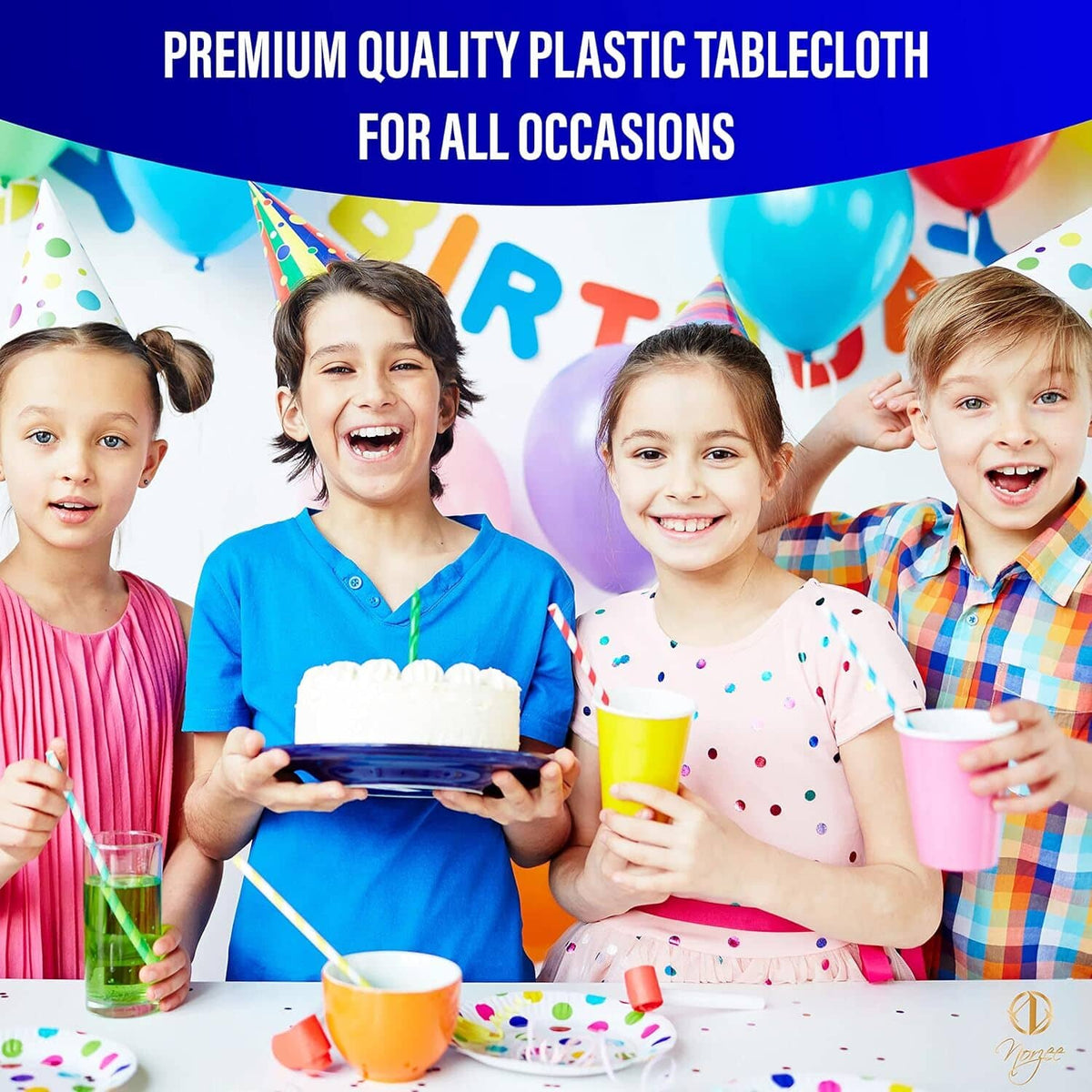 Round white plastic tablecloth with gold dot pattern on party table