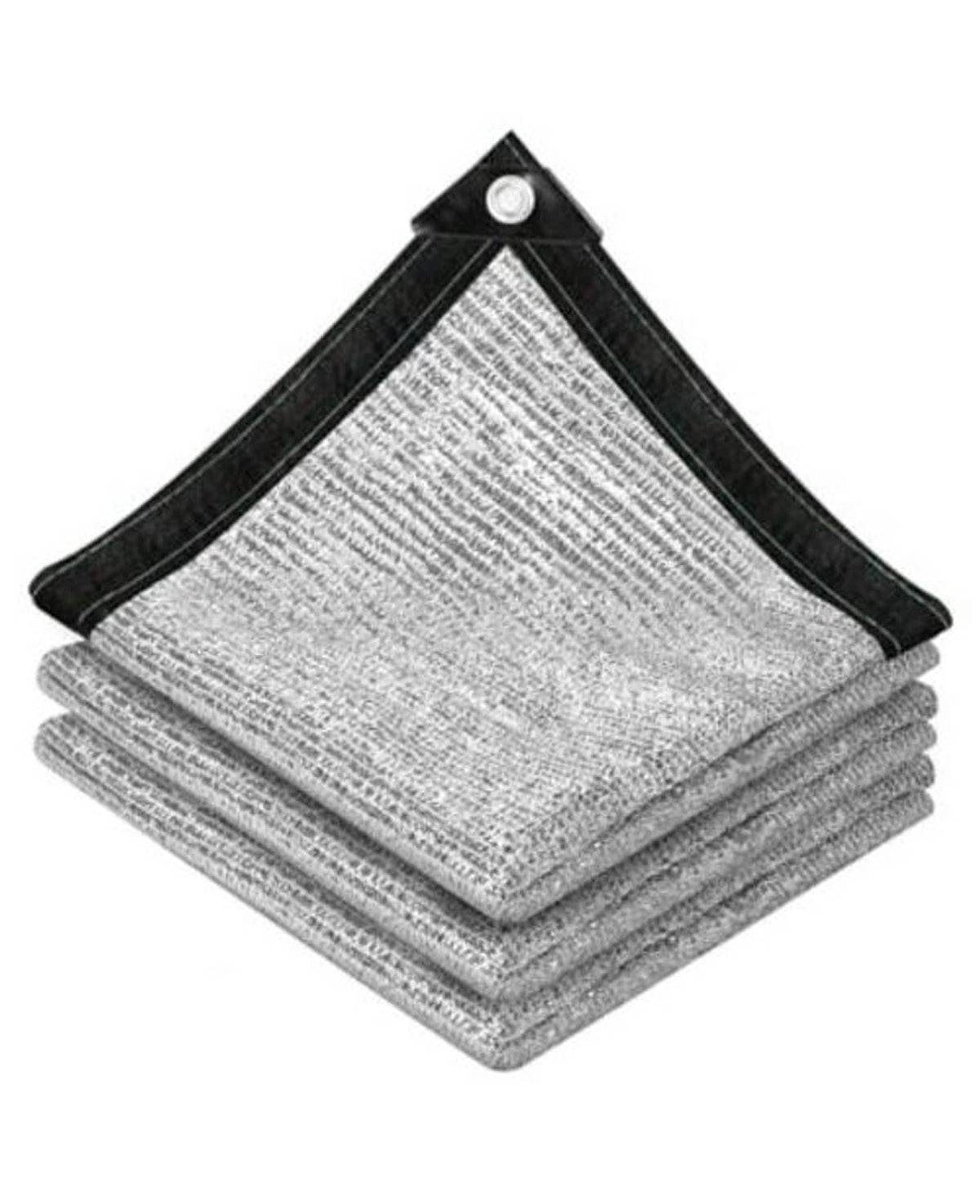 Stacked reflective aluminum shade cloth panels with black reinforced corners and grommets