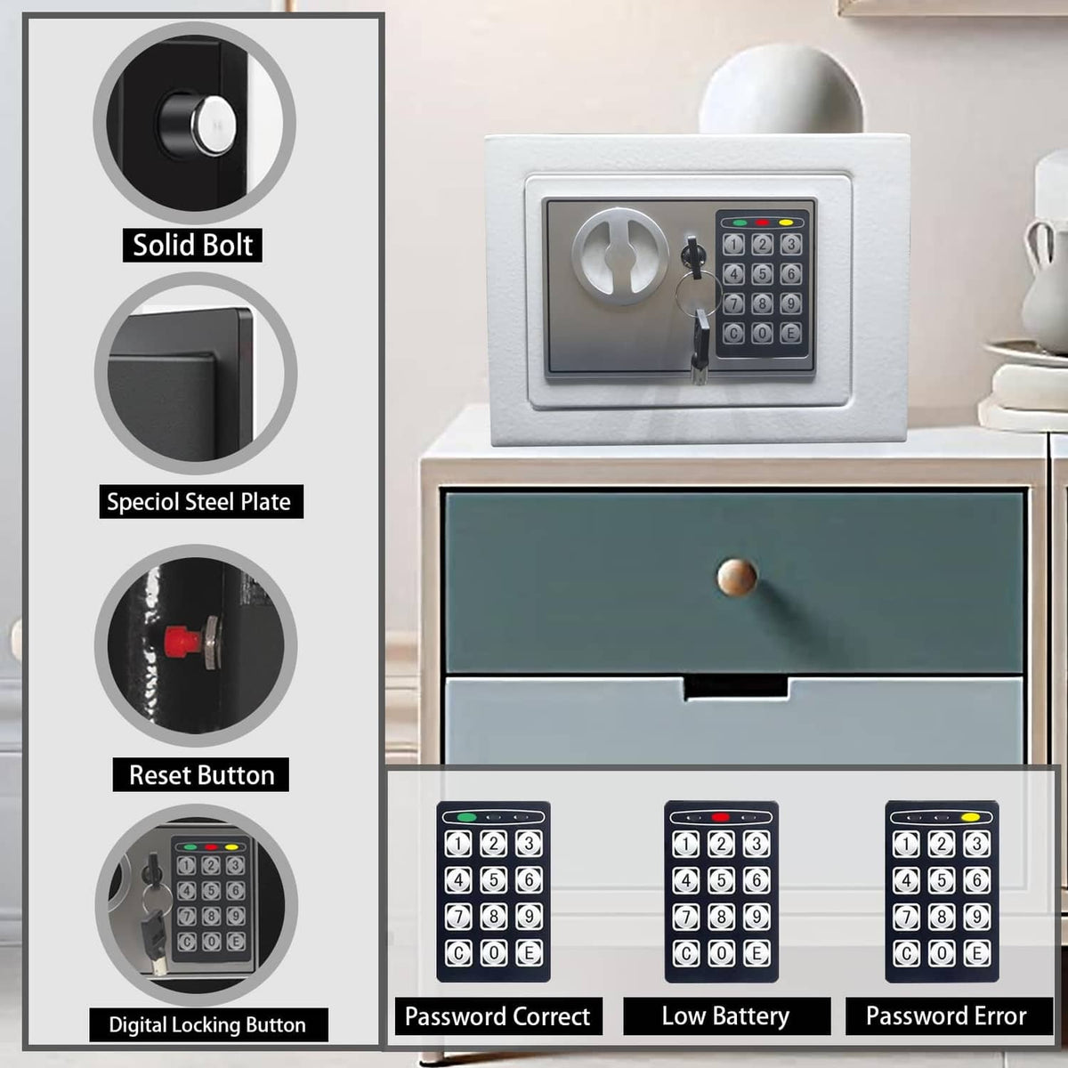 White electronic safe with door open, showing keypad lock panel with numeric buttons