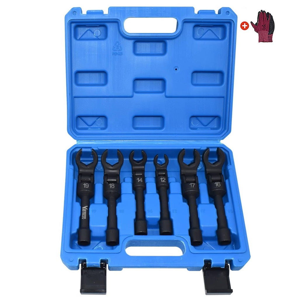 Blue plastic case holding six long flex-head line wrenches