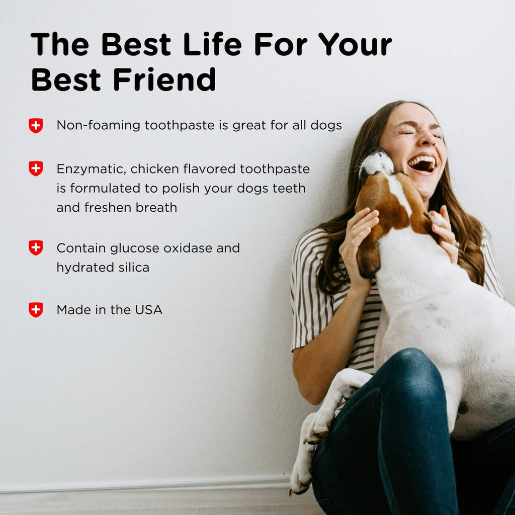 Dog dental care promotional graphic with woman holding a dog