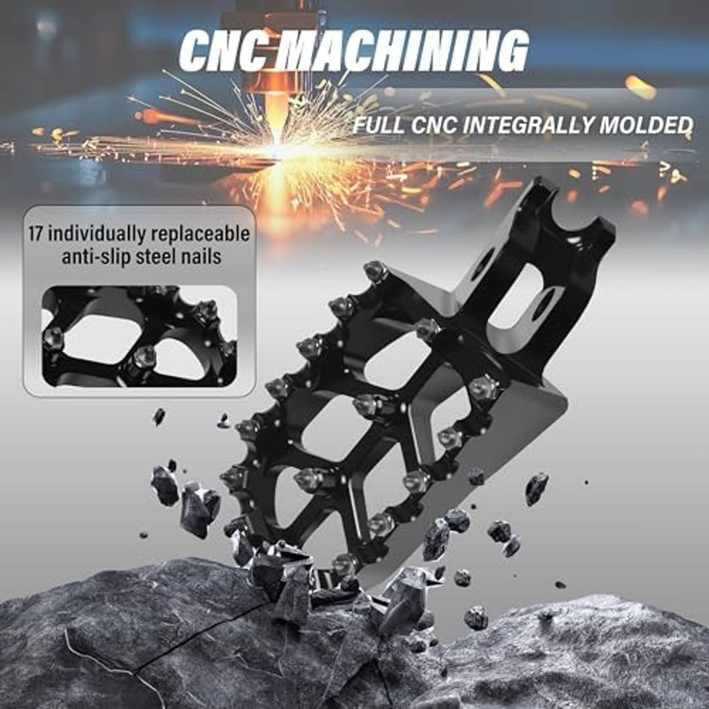 Two black wide dirt bike foot pegs with anti-slip steel nails and CNC machined design
