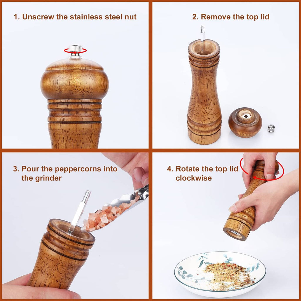 Wood pepper grinder showing parts: top lid, inner grinder, and base