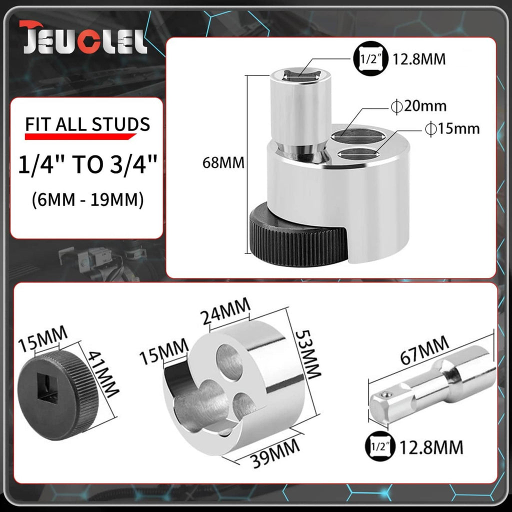 Stud remover extractor tool size diagram with 1/4 to 3/4 in stud range