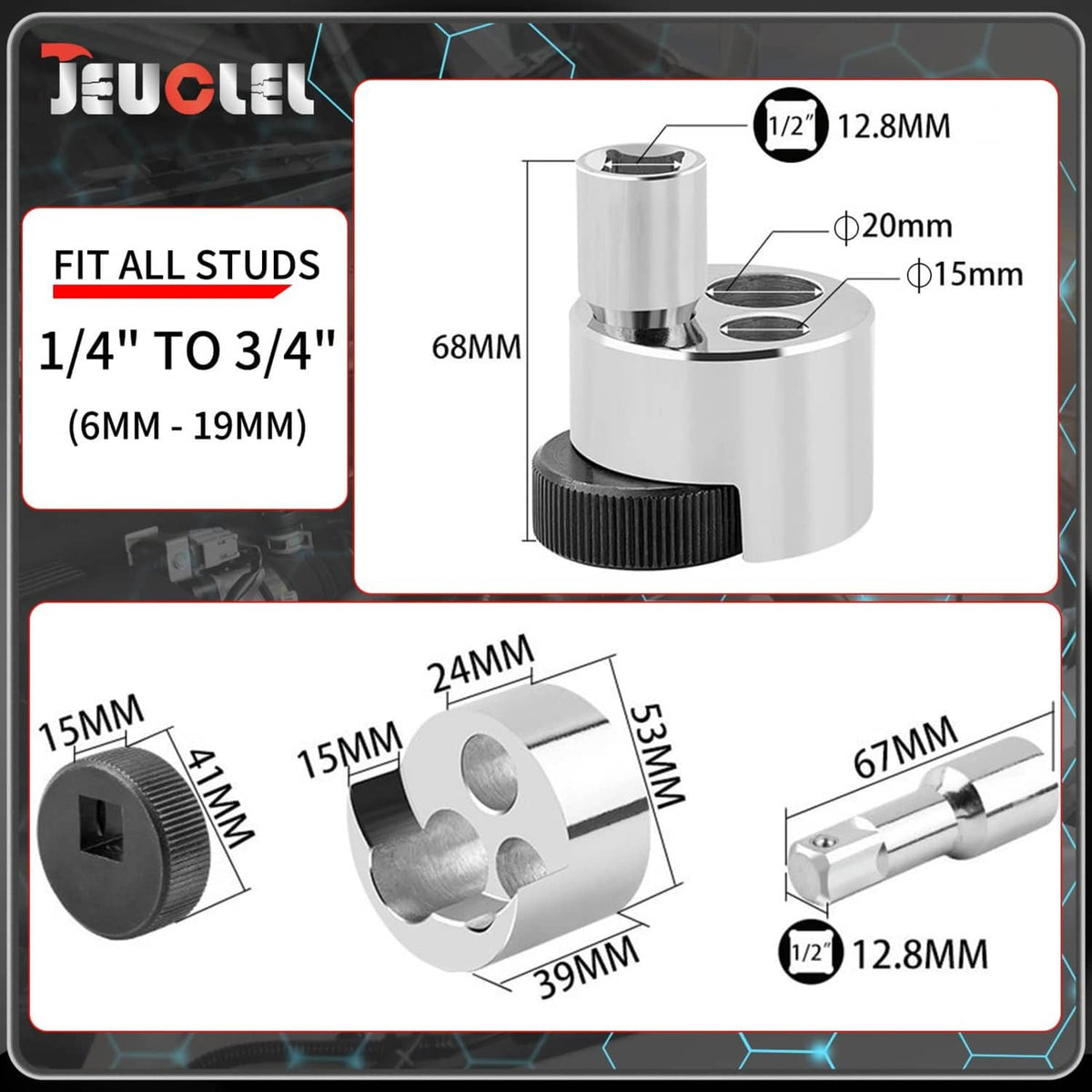 Stud remover extractor tool size diagram with 1/4 to 3/4 in stud range