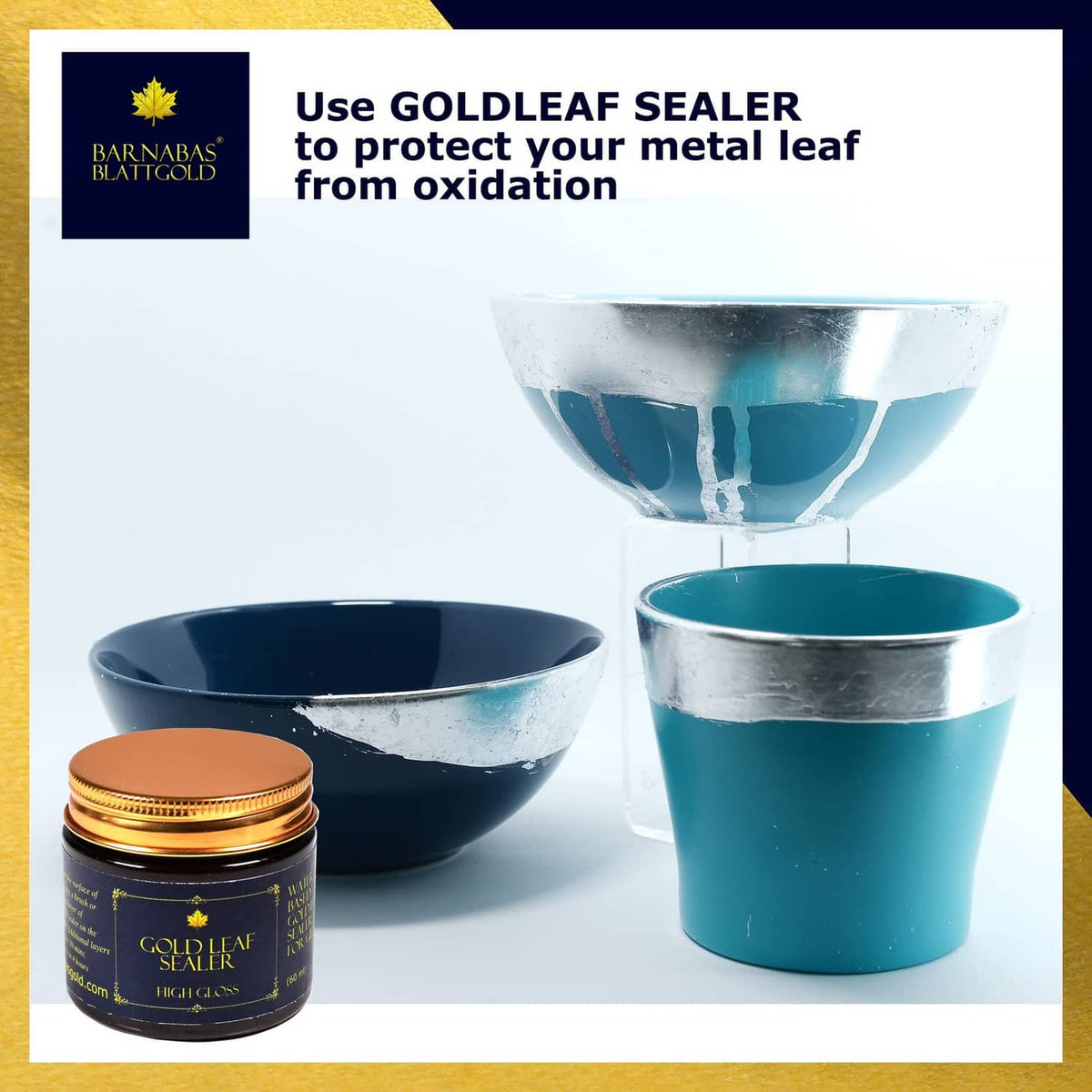 Gold leaf sealer jar with high-gloss label next to coated blue bowl samples