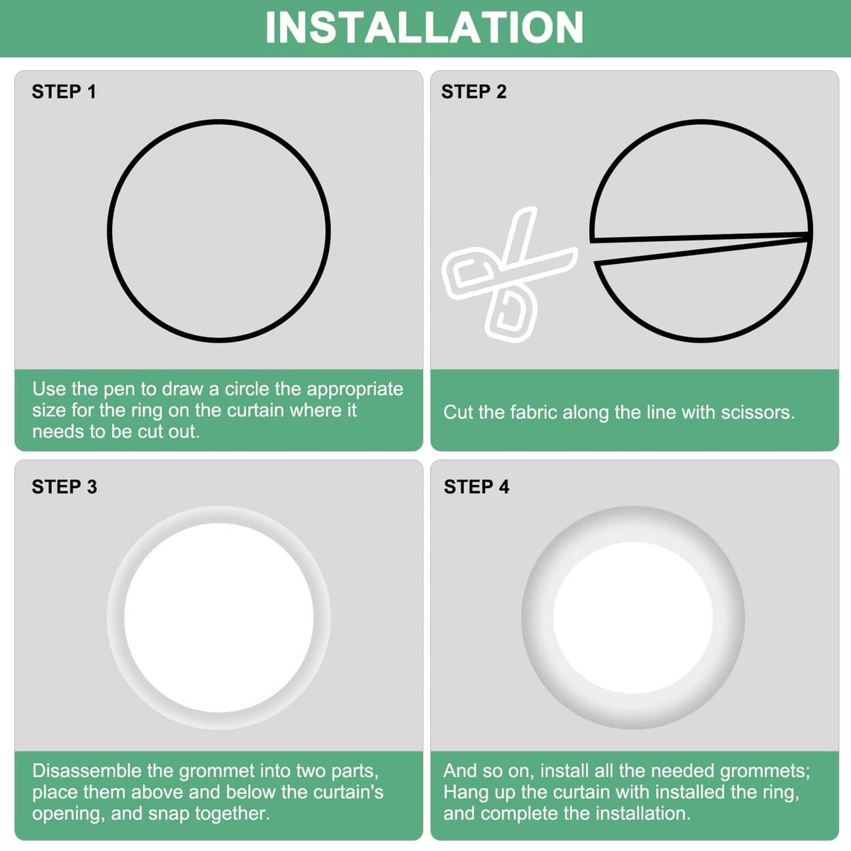 Curtain grommet ring installation shown with ring opening and snap parts