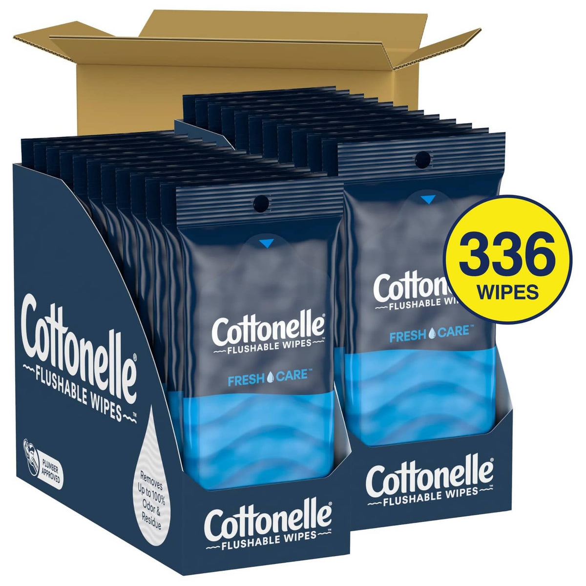 Cottonelle Fresh Care flushable wet wipes 336 count, blue packs in open box