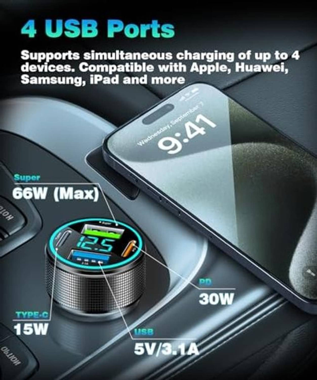 USB-C car charger adapter with 4 USB ports and blue-lit LED voltage display