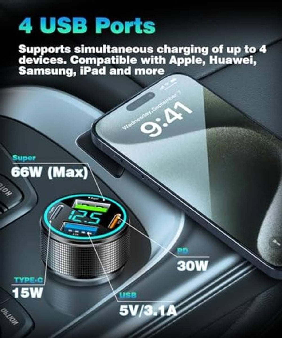 USB-C car charger adapter with 4 USB ports and blue-lit LED voltage display