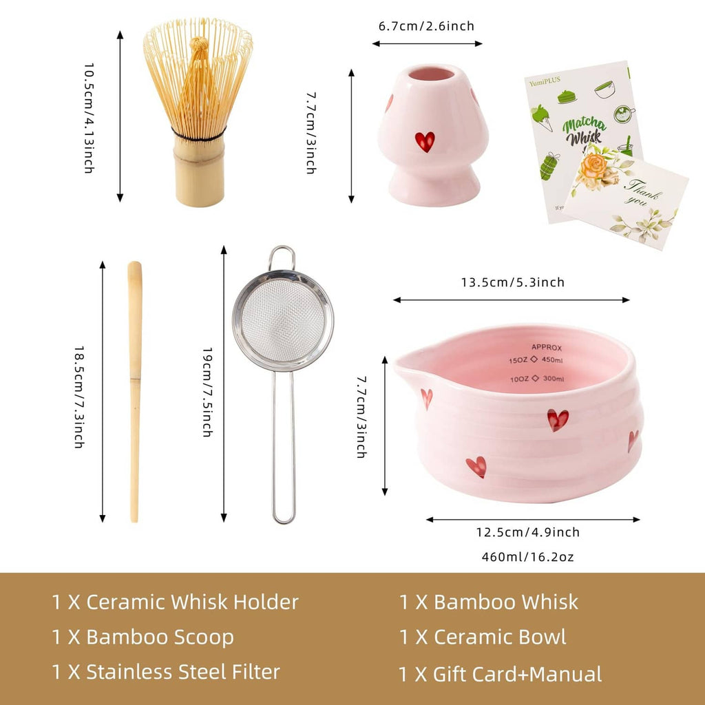 5-piece matcha set: ceramic bowl, whisk holder, bamboo whisk, scoop, stainless strainer
