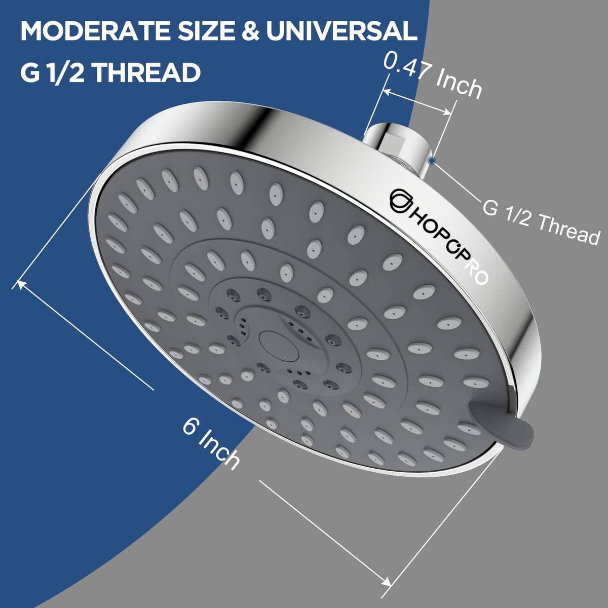 Chrome 6-inch fixed shower head with G1/2 thread and universal fit