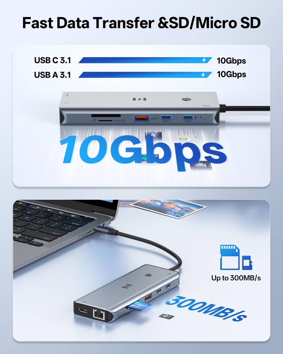 Space gray USB-C docking station with front ports and SD/microSD card reader