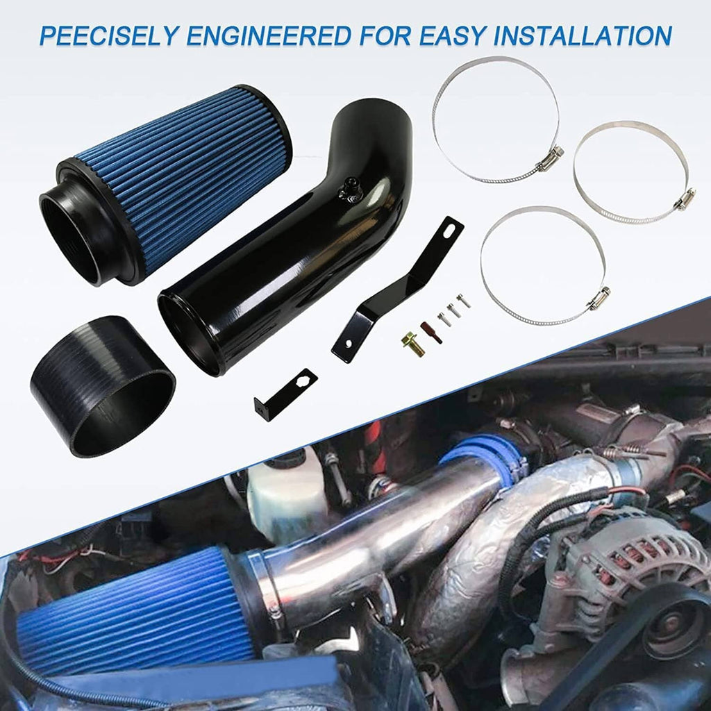 Blue cone air filter and black intake piping kit with clamps and mounting brackets