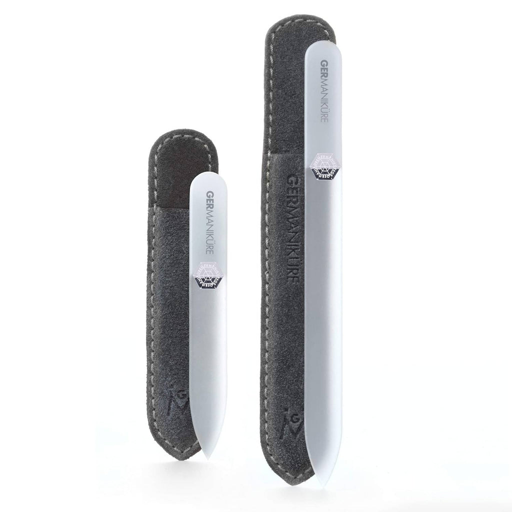 Germanikure 2-piece gray glass nail file set with dark gray suede sleeves