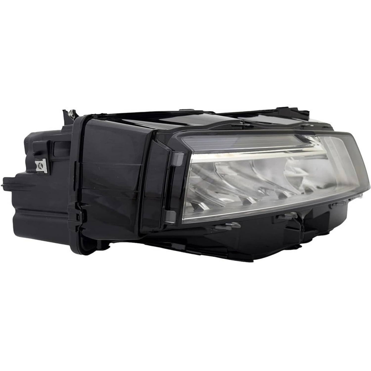 Black LED headlight assembly with clear lens cover and chrome reflector surface.