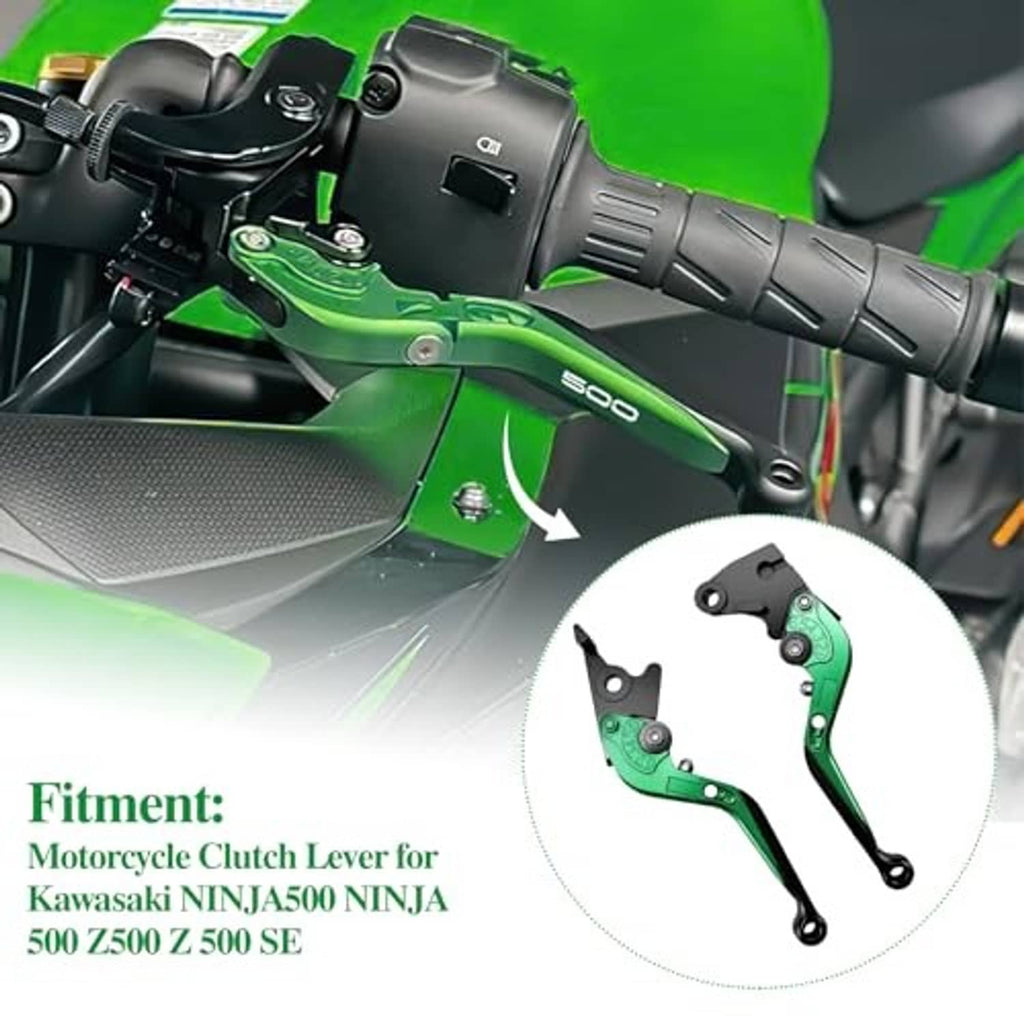 Green CNC motorcycle brake and clutch levers with close-up adjustment pivot inset