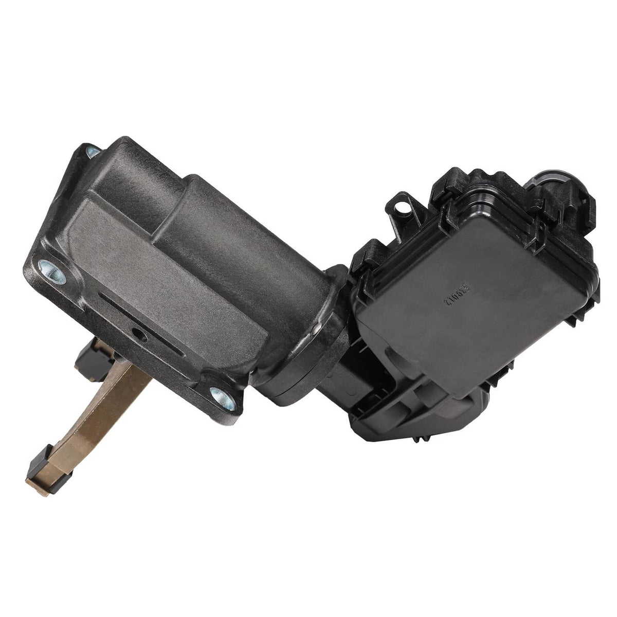 Black front axle actuator fork disconnect with metal fork arm and mounting flange