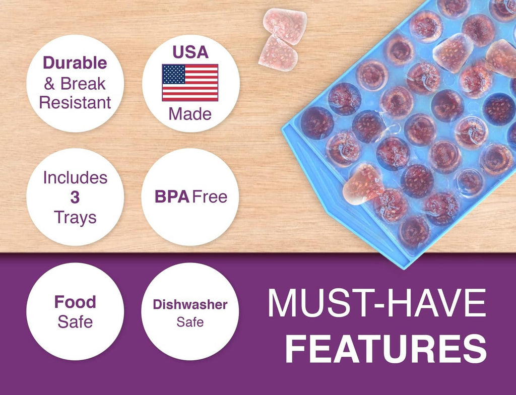 Mini blue ice cube tray with small circular cavities for ice cubes