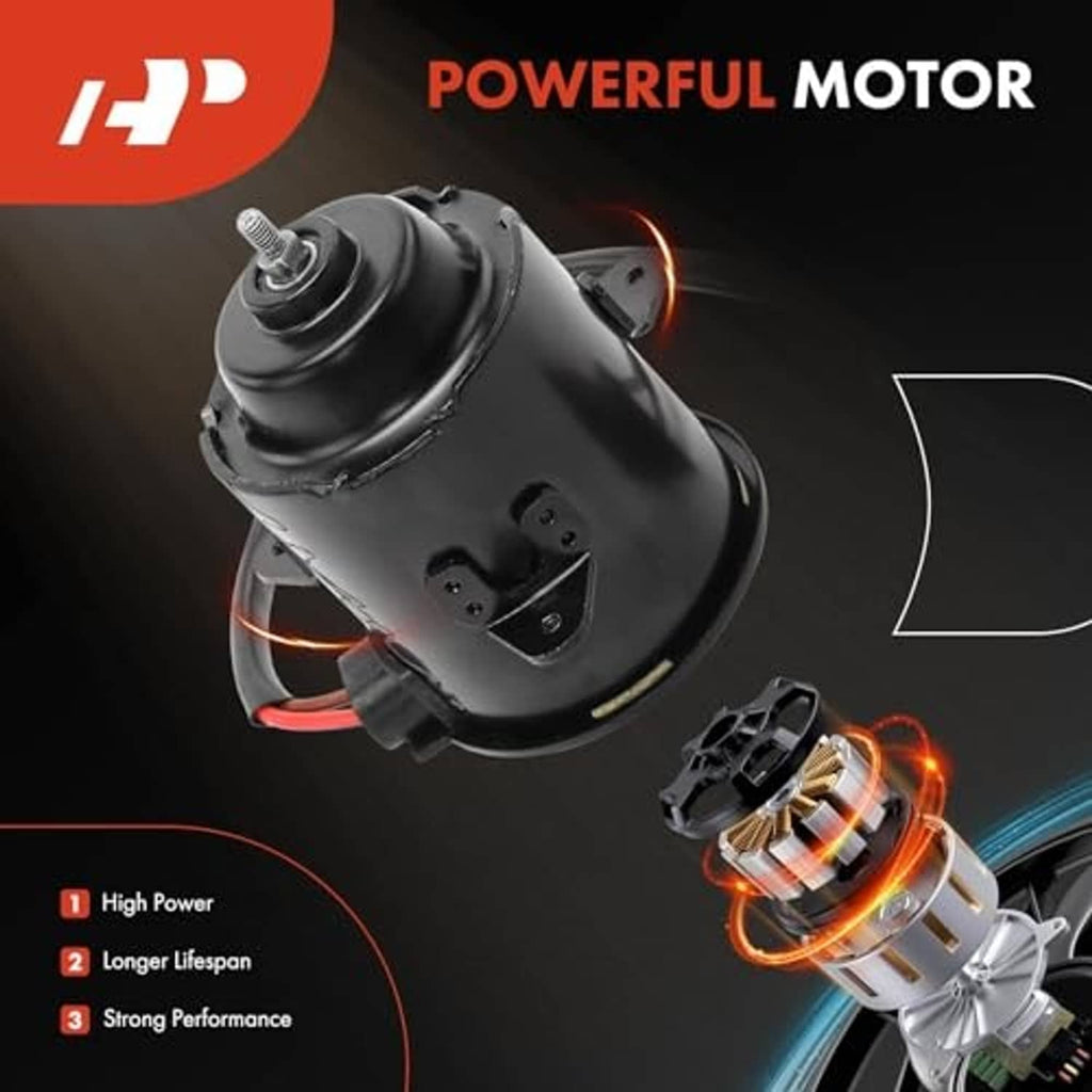 Radiator cooling fan motor angled view with red and black electrical wires