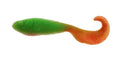 Two-tone soft fishing bait with green body and orange curled tail, worm shape