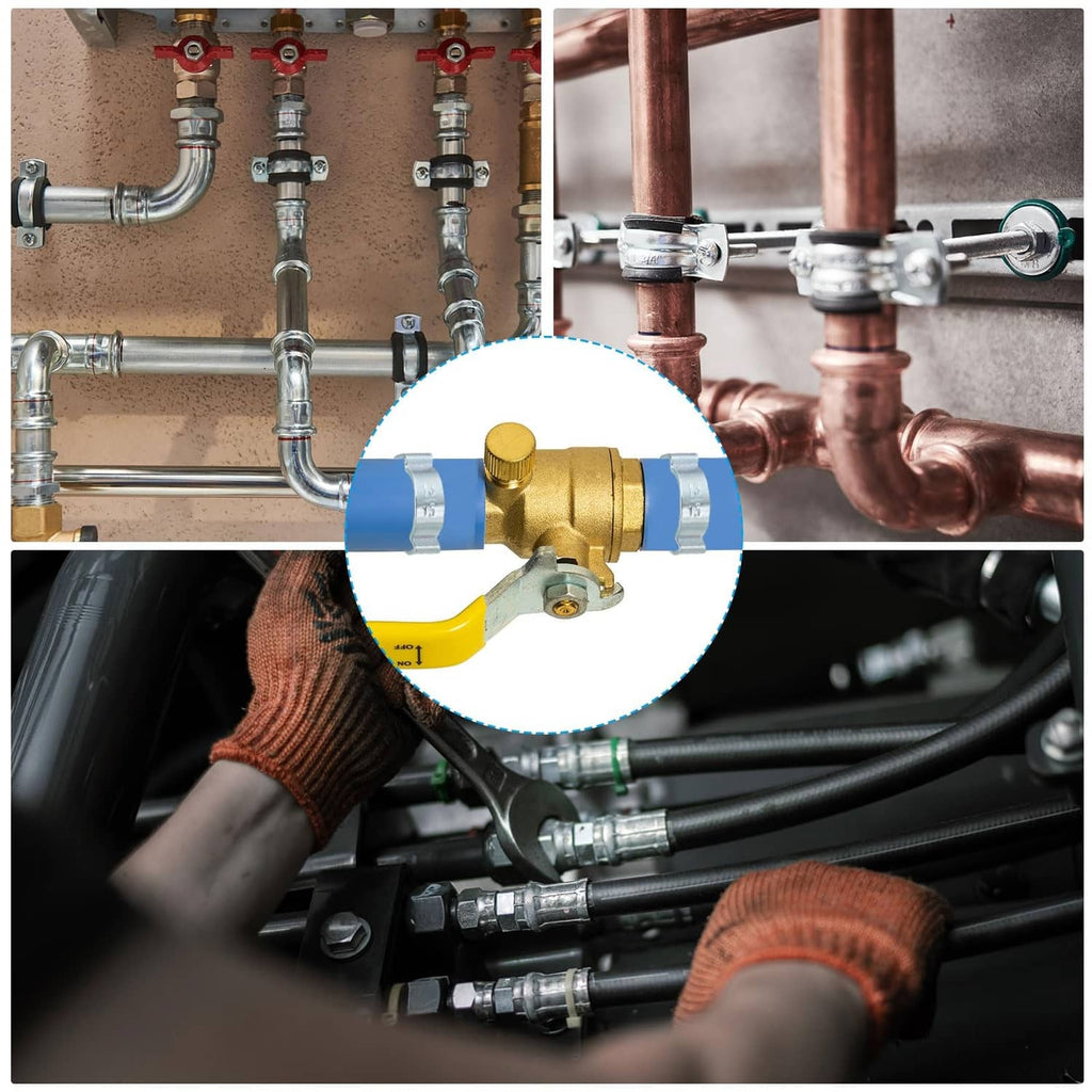 Silver double-ear hose clamp on a metal piping system connection