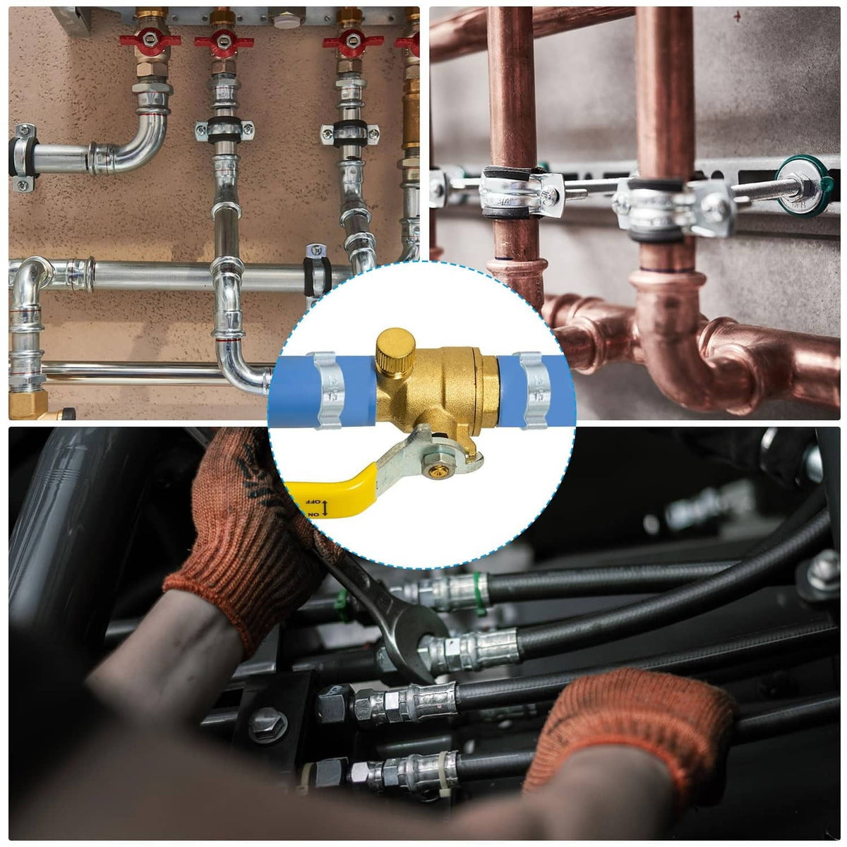 Silver double-ear hose clamp on a metal piping system connection