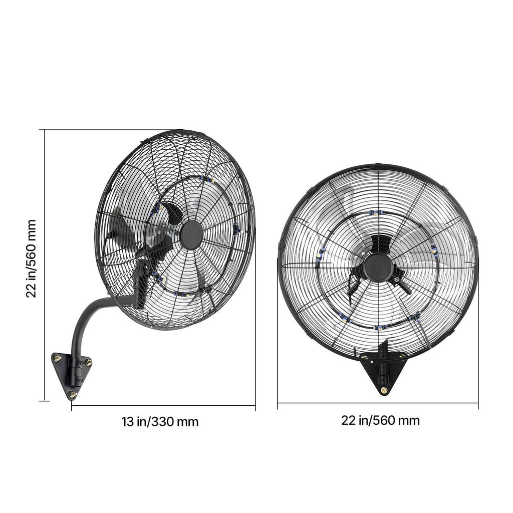 Front and side dimensions of wall fan with mesh grille, black wall bracket included
