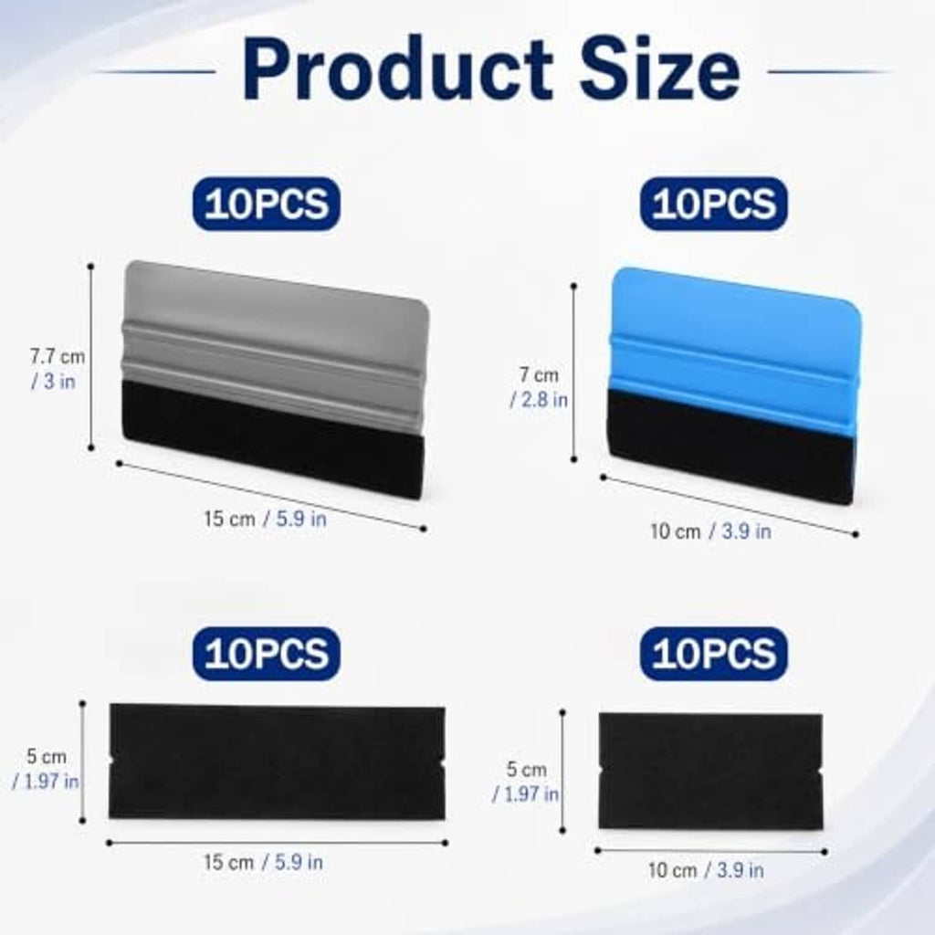 Felt squeegee size chart showing blue and gray tools with black felt pads