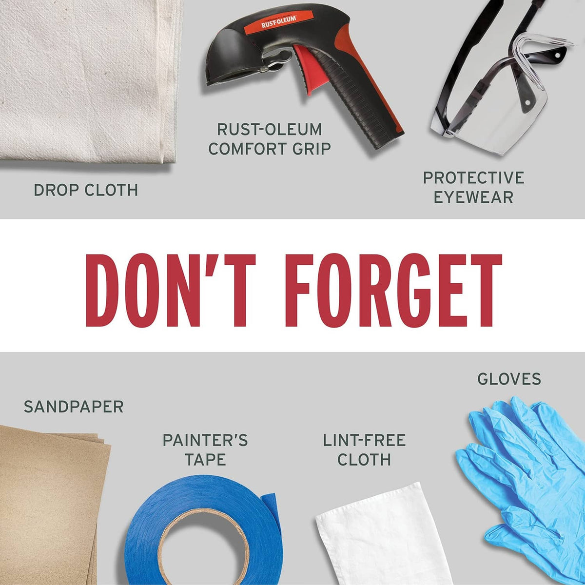 Rust-Oleum spray painting prep accessories: drop cloth, gloves, tape, sandpaper
