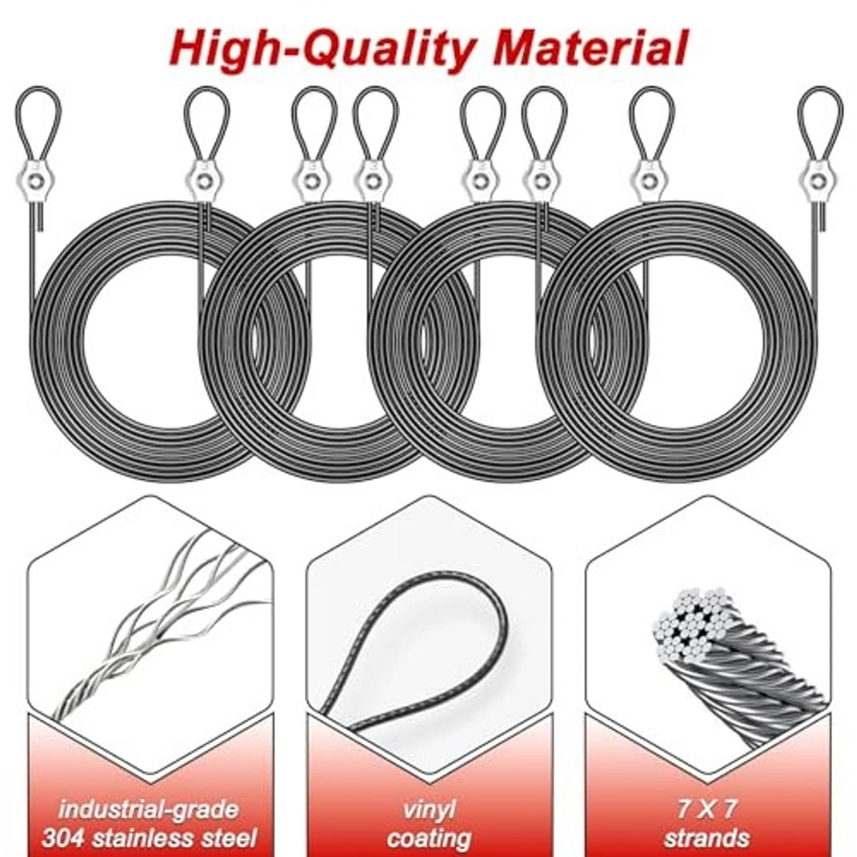 Sun shade sail rope and stainless steel hooks kit with multiple coiled rope lengths