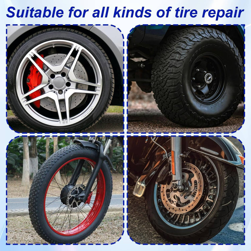 Tire reamer drill bits positioned for tire repair on wheel and motorcycle tires