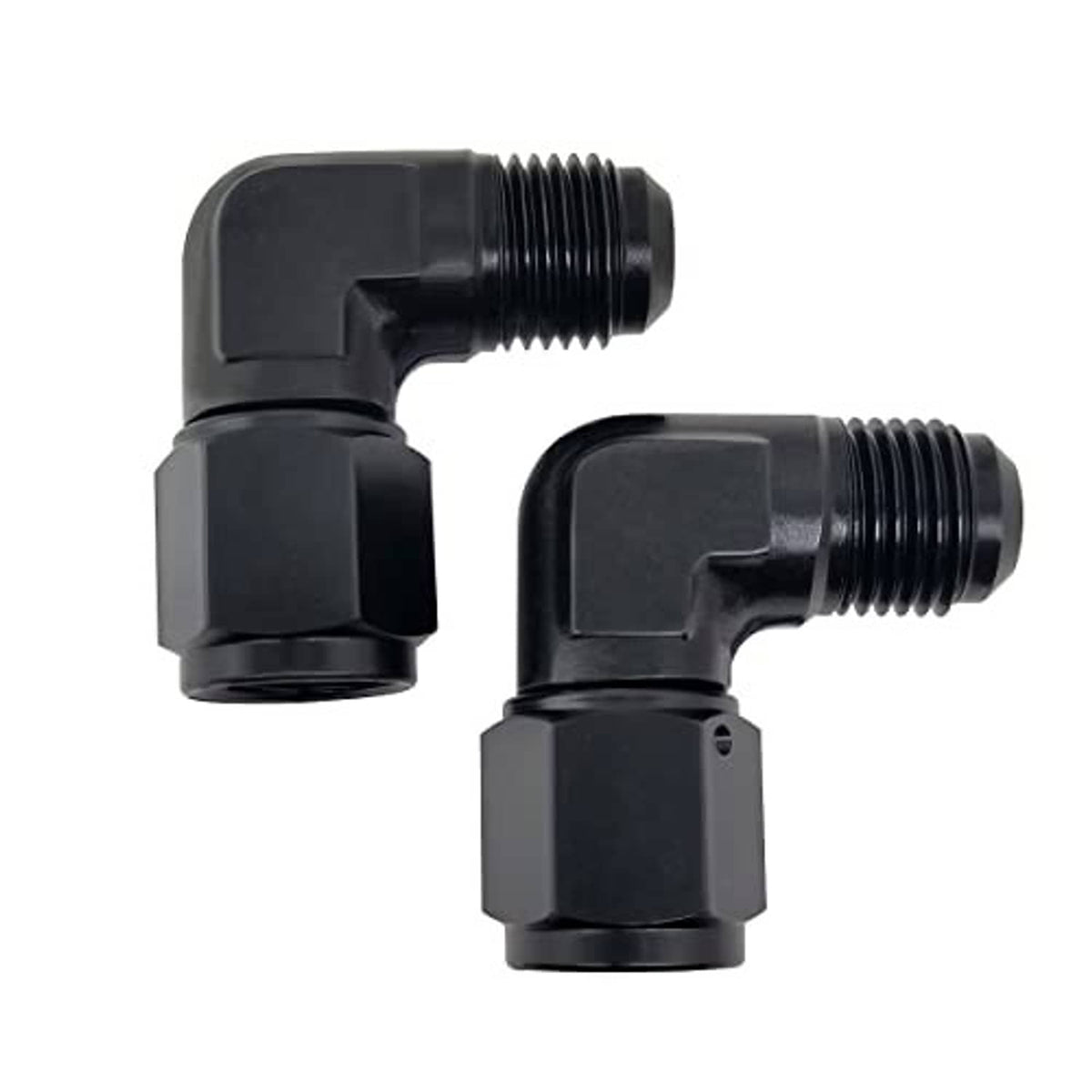 Black 90-degree AN flare fitting adapter set, angled coupler detail