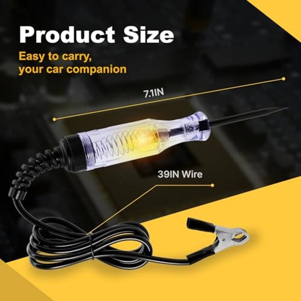 Automotive circuit tester tool with clear tube, glowing core, and coiled wire with clip
