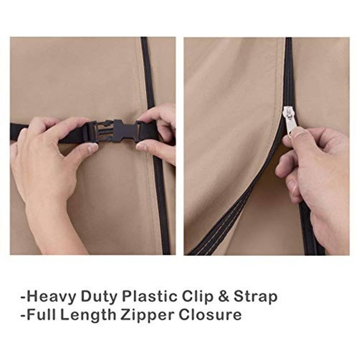 Close-up of tan umbrella cover zipper and strap fastener with hands