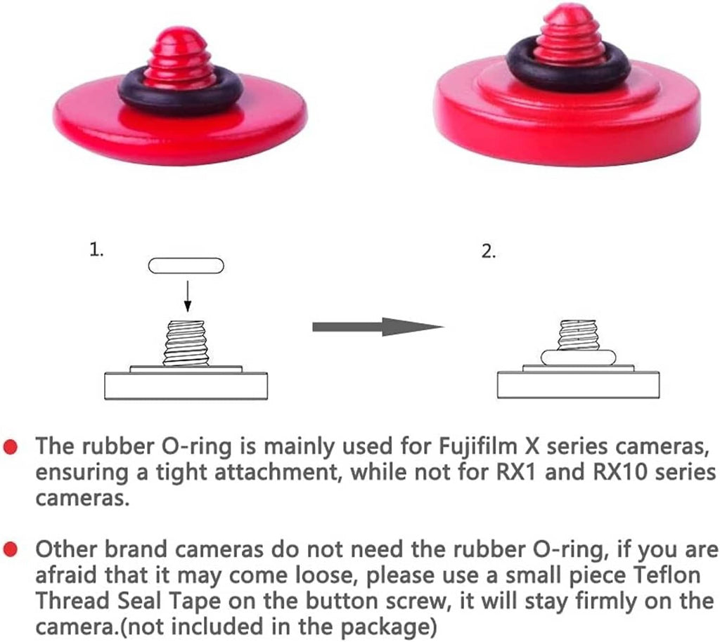 Red soft shutter release button with black threaded stud; diagram of mounting steps.