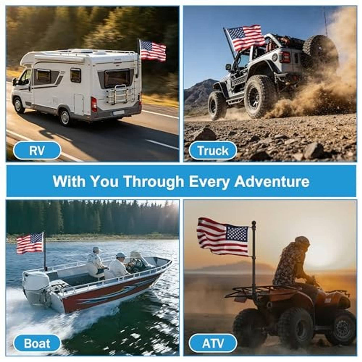 Black adjustable flag pole with US flag for outdoor vehicles