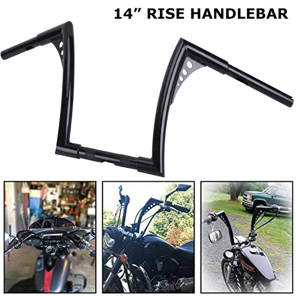 Black 14-inch rise ape hanger handlebars with perforated riser plates, shown on bike photos