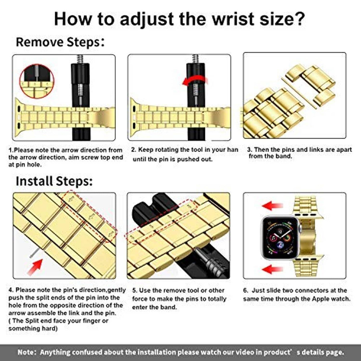 Gold stainless steel watch band installation steps diagram with pins and connector alignment