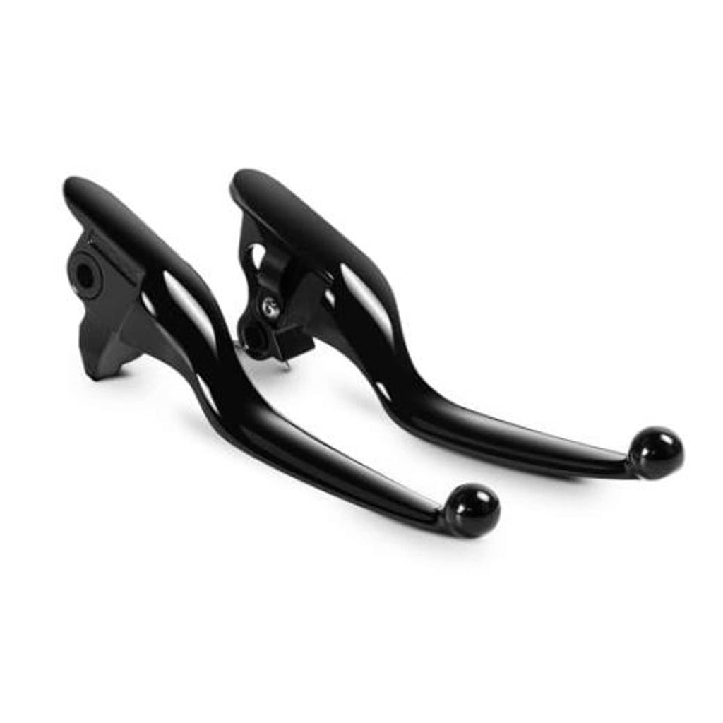 Black brake and clutch levers with pivot bases, pair side view, ball ends