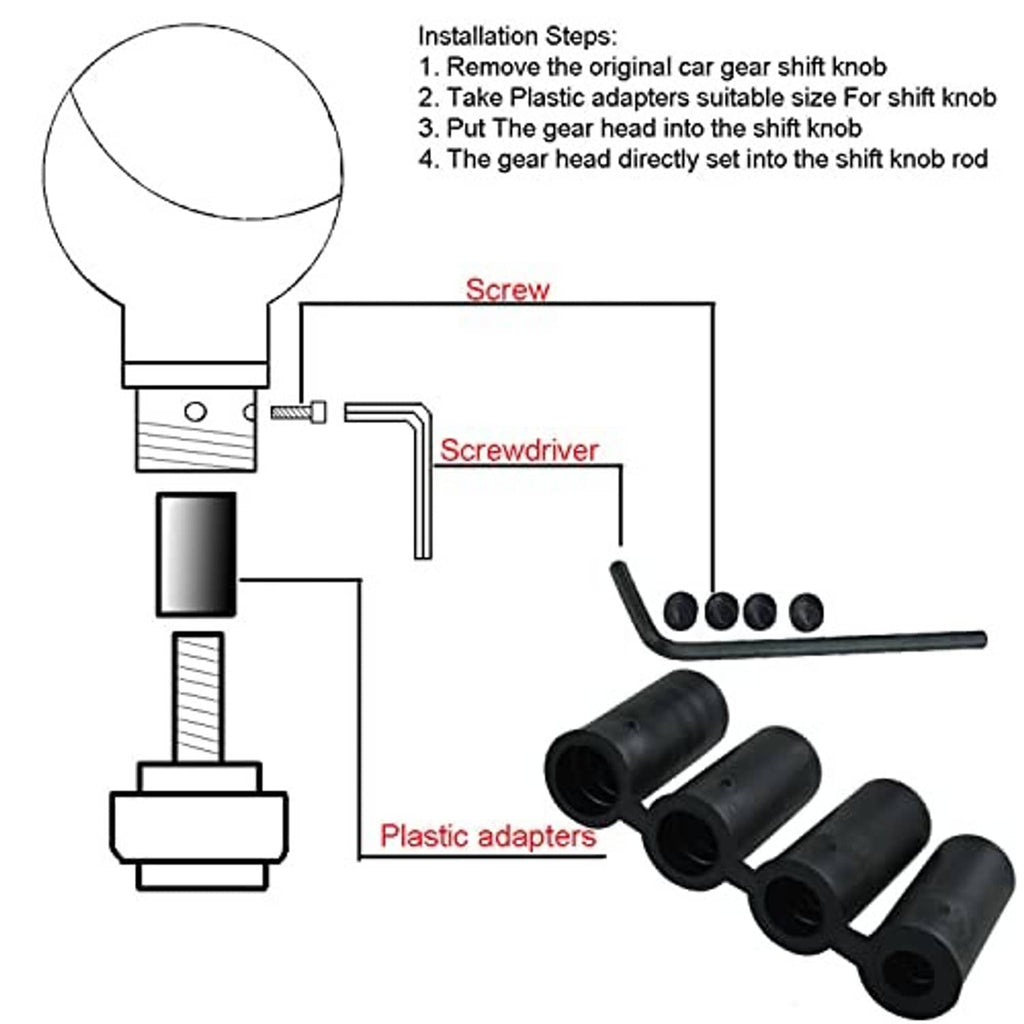 Gear shift knob installation diagram with screw, tools, and plastic adapter pieces
