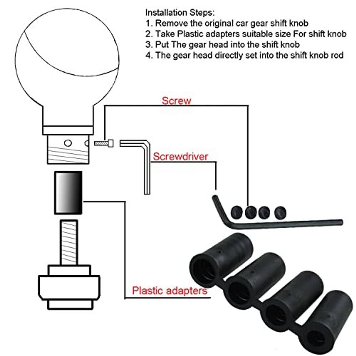Gear shift knob installation diagram with screw, tools, and plastic adapter pieces