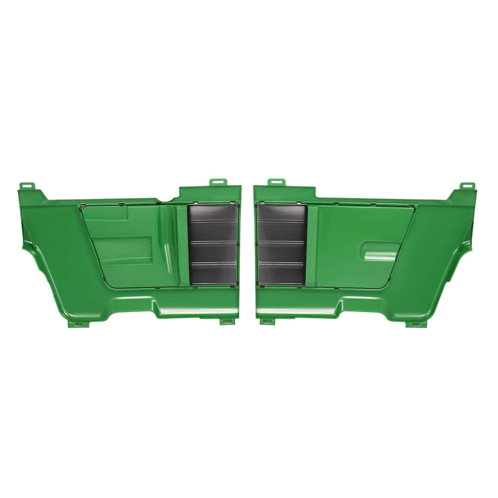 Pair of green side panel screens with central black mesh sections and latch hardware