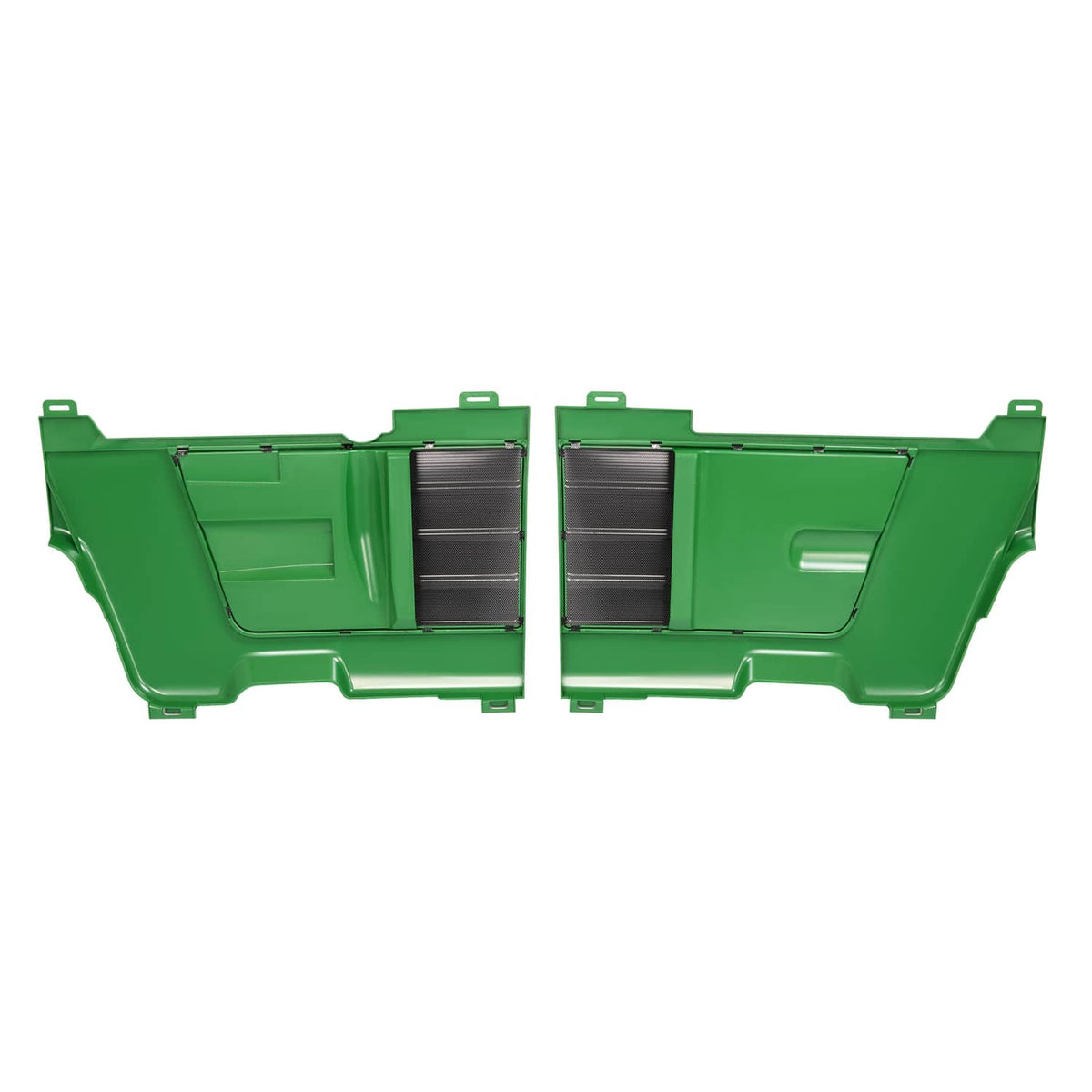 Pair of green side panel screens with central black mesh sections and latch hardware